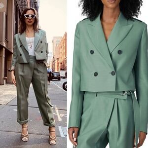 Helmut Lang Green Wool Silk Cropped Blazer Jacket Size 0 Career Work Military